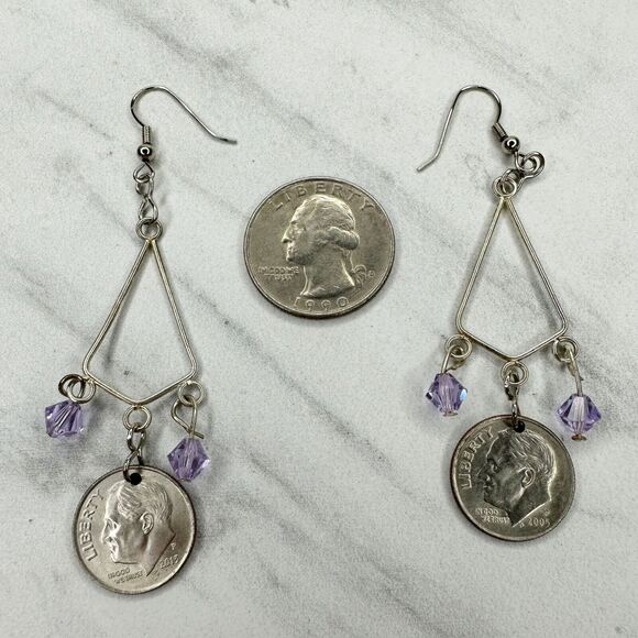 Purple Beaded US Dime Coin Dangle Earrings Pierced Pair - Picture 6 of 8